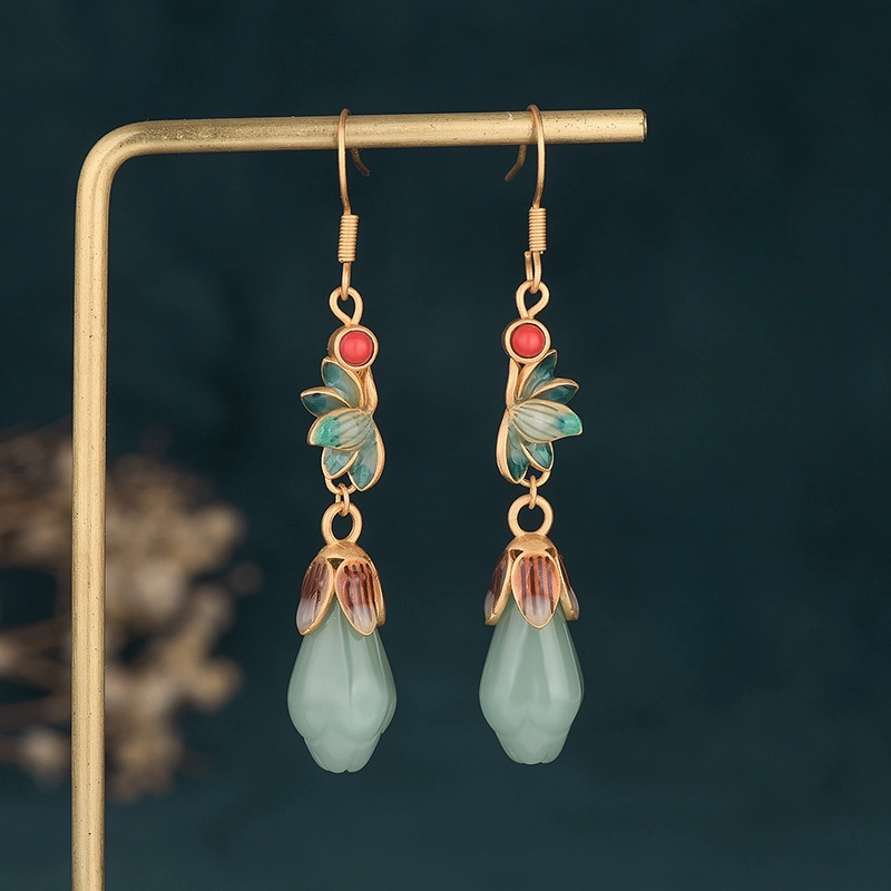 Wholesale Enamel Magnolia Flower Imitation Hetian Jade Earrings