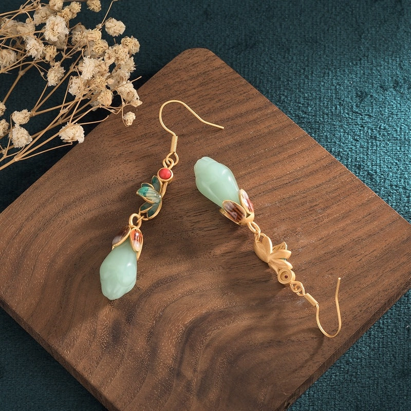 Wholesale Enamel Magnolia Flower Imitation Hetian Jade Earrings