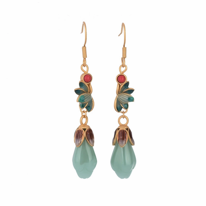 Wholesale Enamel Magnolia Flower Imitation Hetian Jade Earrings