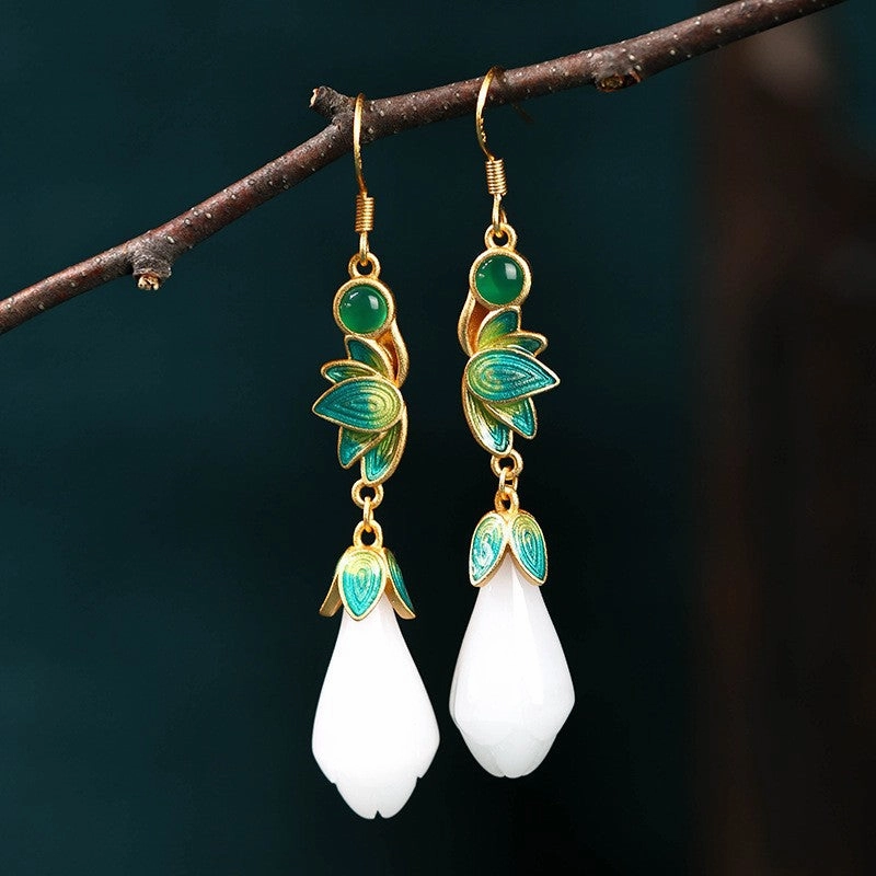 Wholesale Enamel Magnolia Flower Imitation Hetian Jade Earrings