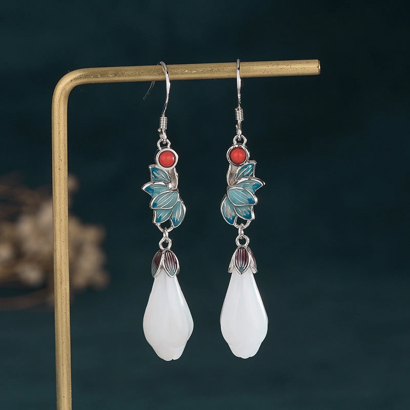 Wholesale Enamel Magnolia Flower Imitation Hetian Jade Earrings