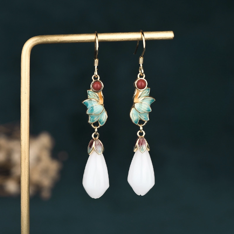 Wholesale Enamel Magnolia Flower Imitation Hetian Jade Earrings