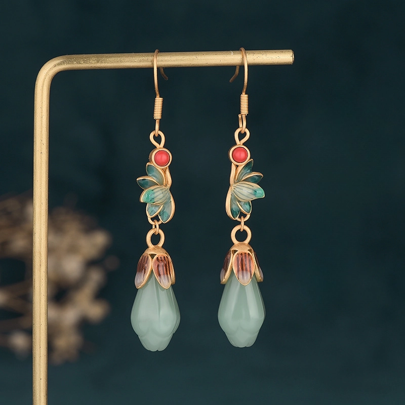 Wholesale Enamel Magnolia Flower Imitation Hetian Jade Earrings