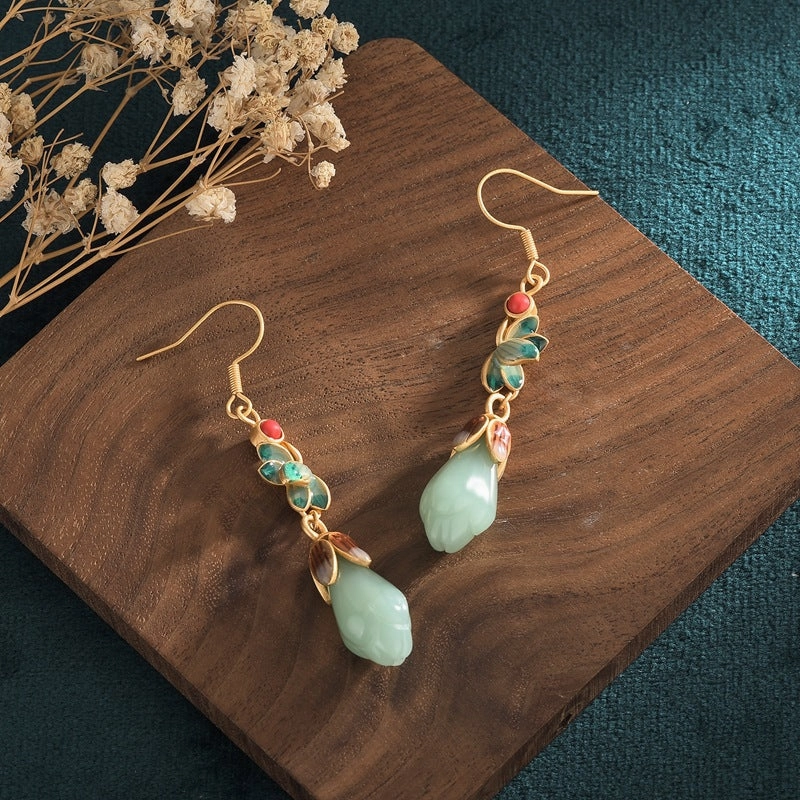 Wholesale Enamel Magnolia Flower Imitation Hetian Jade Earrings