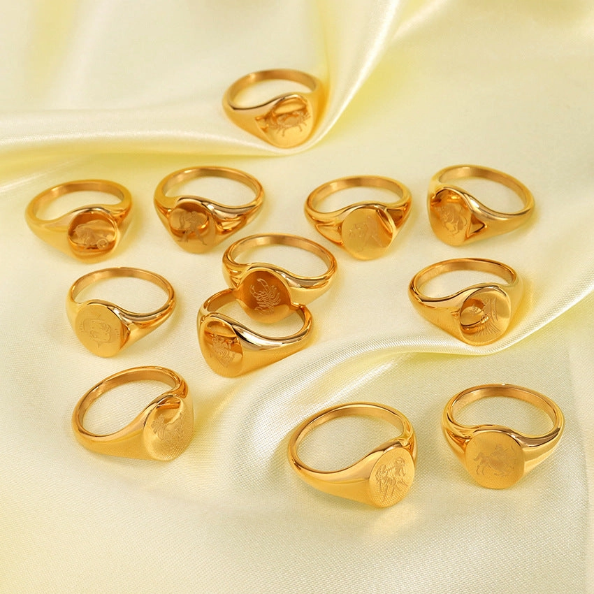 Wholesale Engraved Pattern Stainless Steel Electroplated 18K Gold Engraved Constellation Pattern Ring
