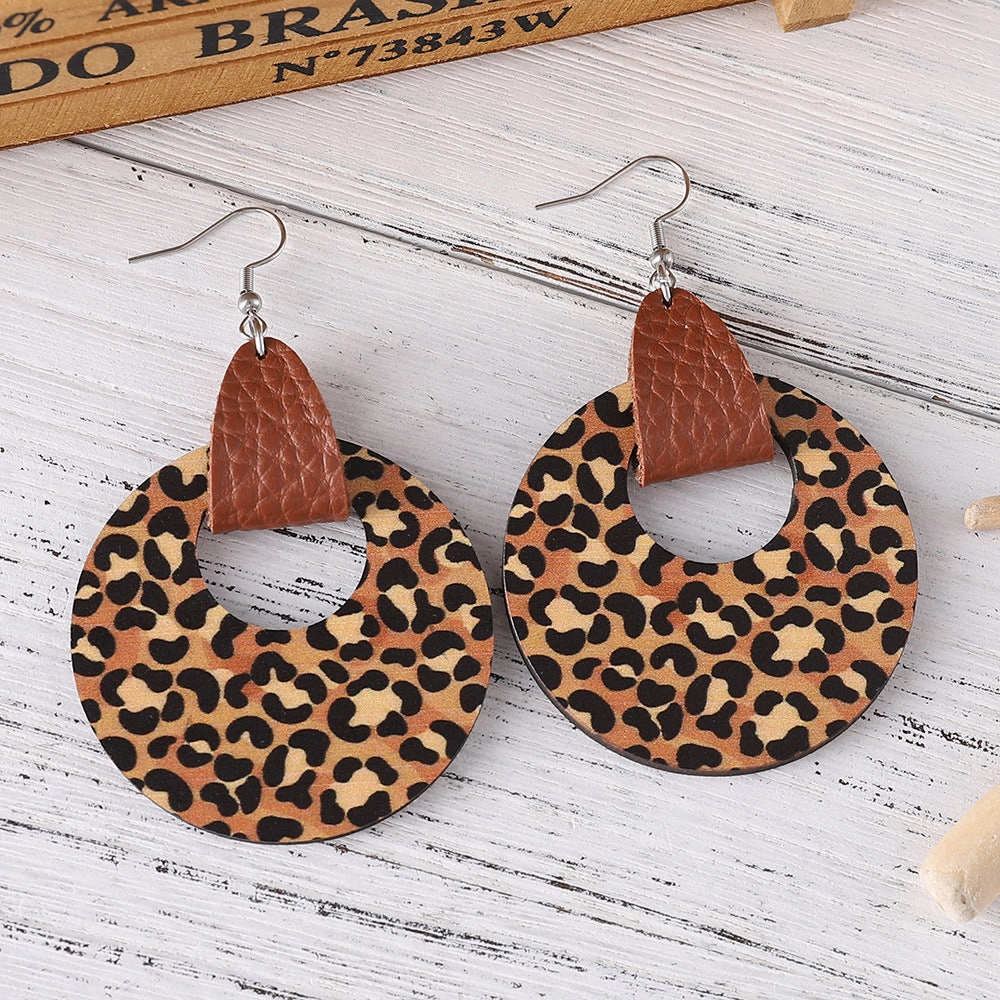 Wholesale Ethnic Bohemian Leopard Print Round Reversible Leather Earrings