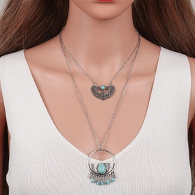 Wholesale Ethnic Style Multi-layered Geometric Flower Pendant Turquoise Long Alloy Necklace