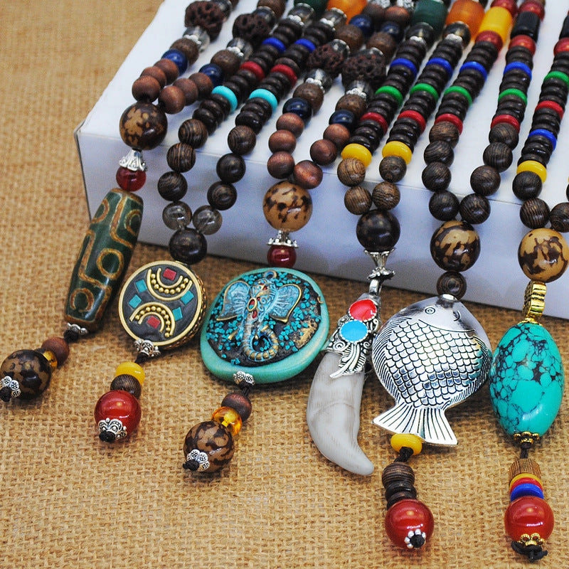 Wholesale ethnic style sweater chain handmade long wooden bead string
