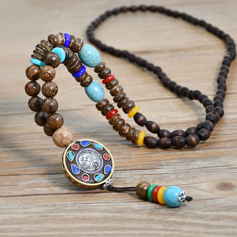 Wholesale ethnic style sweater chain handmade long wooden bead string