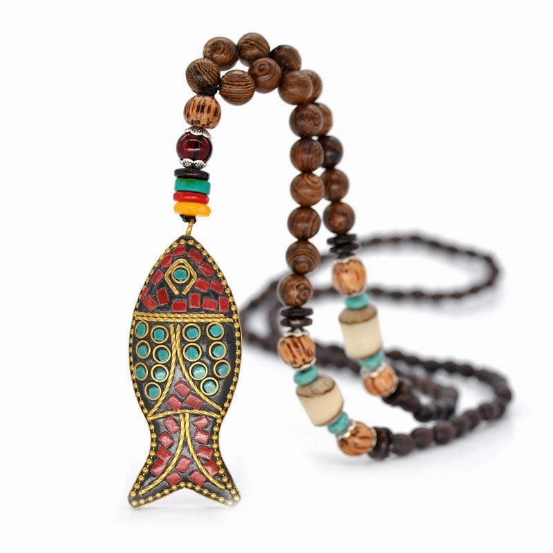 Wholesale ethnic style sweater chain handmade long wooden bead string