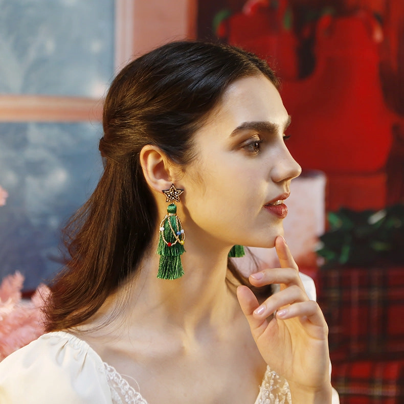 Wholesale Ethnic Style Tassel Christmas Earrings Rice Beads Five-pointed Star Hand-woven Earrings