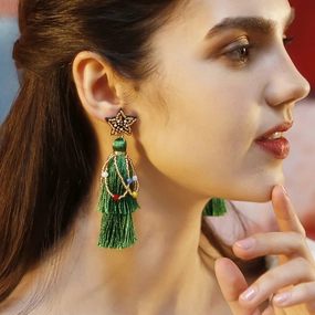 Wholesale Ethnic Style Tassel Christmas Earrings Rice Beads Five-pointed Star Hand-woven Earrings