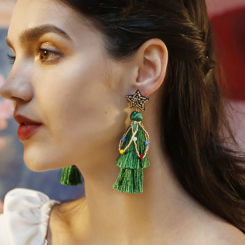 Wholesale Ethnic Style Tassel Christmas Earrings Rice Beads Five-pointed Star Hand-woven Earrings