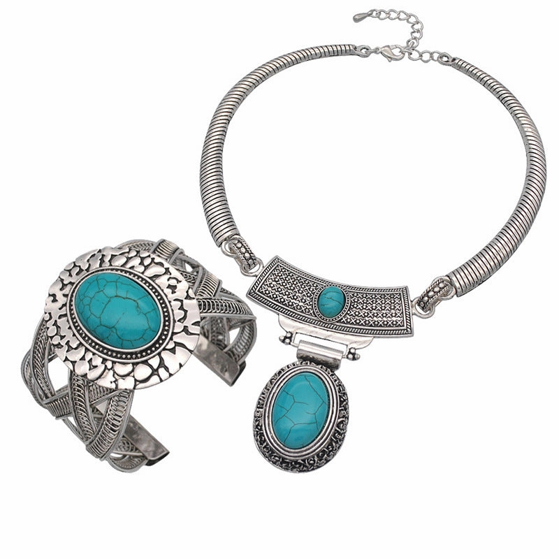 Wholesale Ethnic Style Turquoise Beaded Necklace Sweater Chain Earrings Ring Jewelry Set