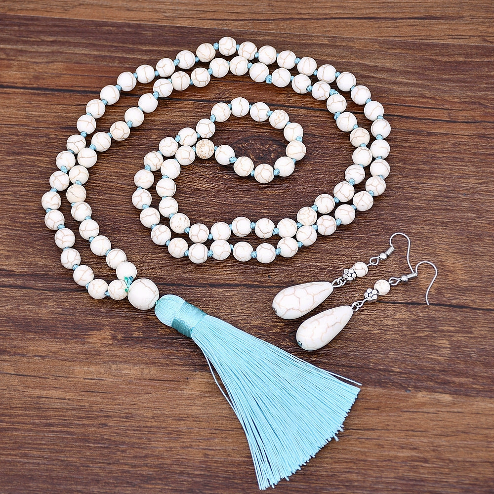 Wholesale Ethnic Style Turquoise Beaded Necklace Sweater Chain Earrings Ring Jewelry Set