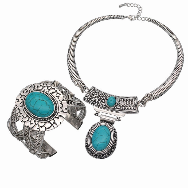 Wholesale Ethnic Style Turquoise Beaded Necklace Sweater Chain Earrings Ring Jewelry Set