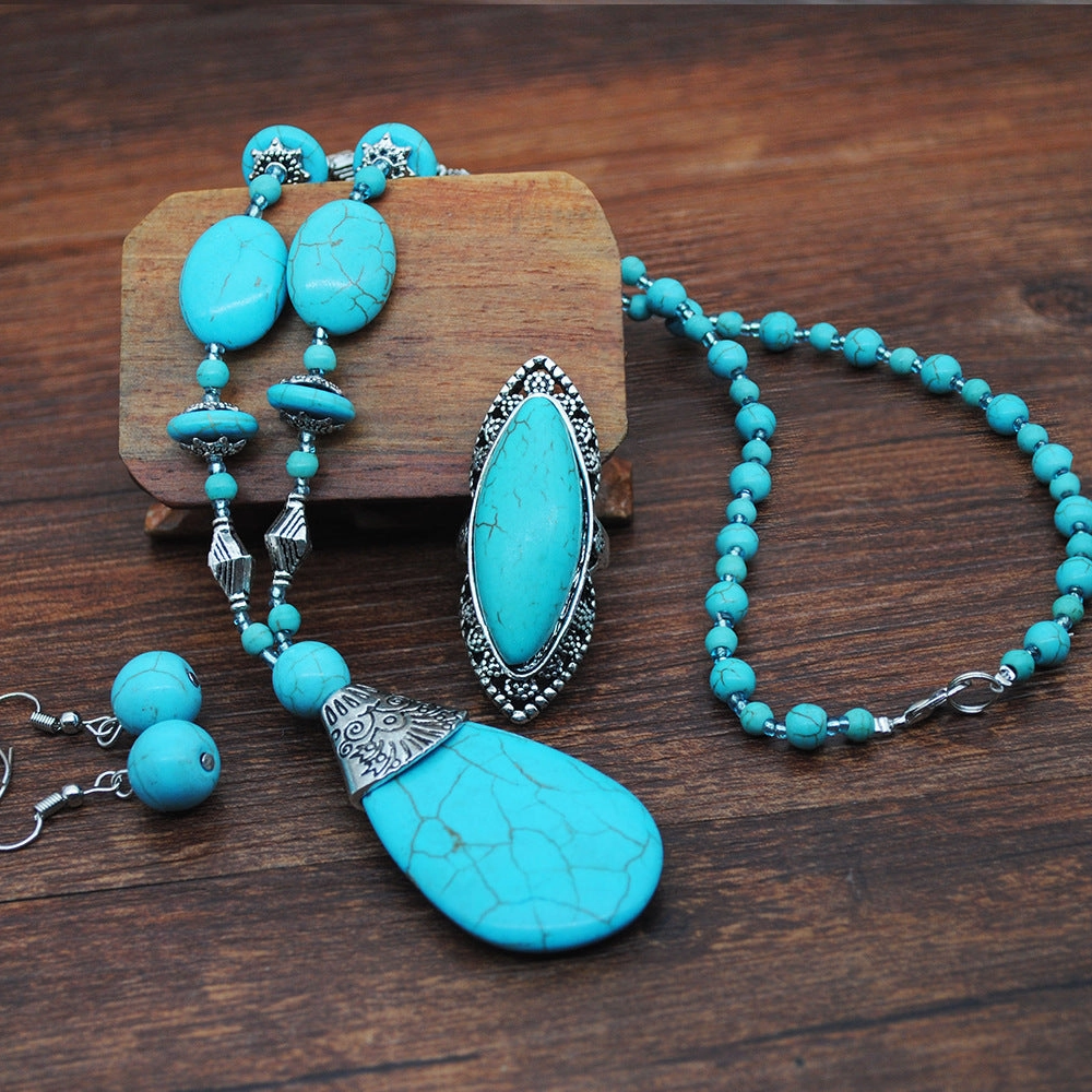 Wholesale Ethnic Style Turquoise Beaded Necklace Sweater Chain Earrings Ring Jewelry Set