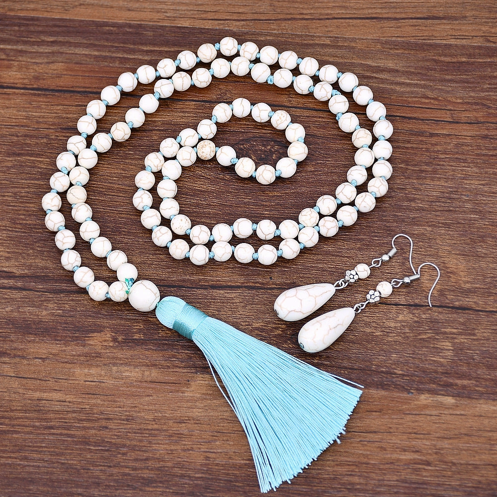 Wholesale Ethnic Style Turquoise Beaded Necklace Sweater Chain Earrings Ring Jewelry Set