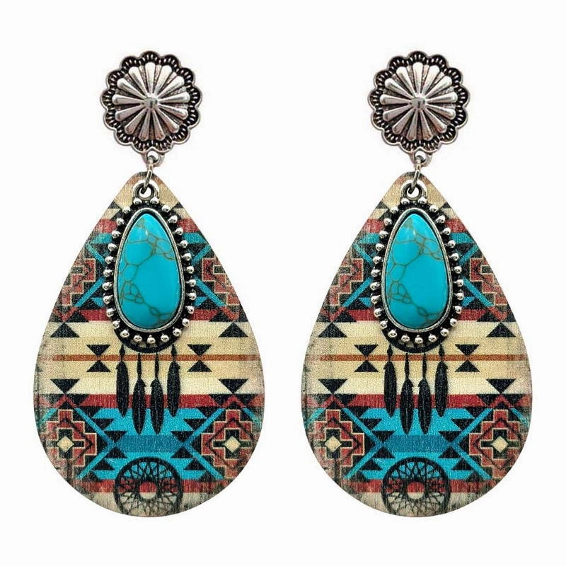 Wholesale Ethnic Turquoise Western Style Aztec Leather Drop Earrings