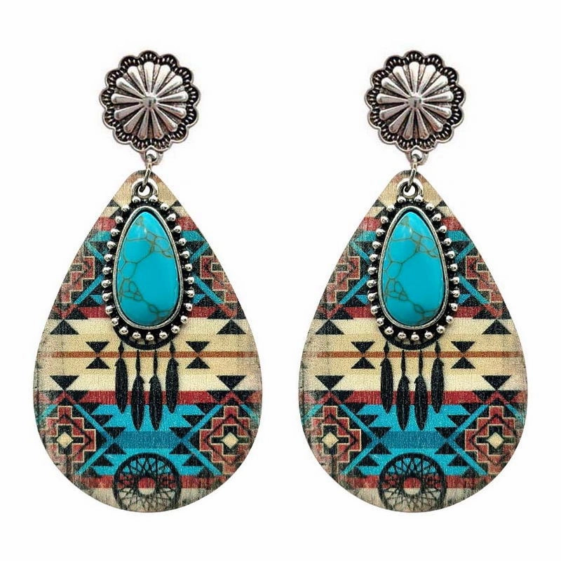 Wholesale Ethnic Turquoise Western Style Aztec Leather Drop Earrings