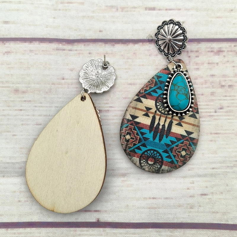 Wholesale Ethnic Turquoise Western Style Aztec Leather Drop Earrings