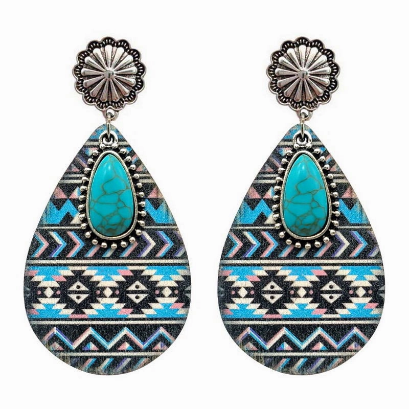 Wholesale Ethnic Turquoise Western Style Aztec Leather Drop Earrings