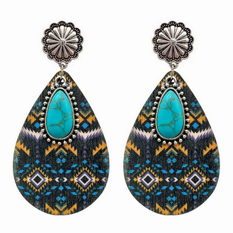 Wholesale Ethnic Turquoise Western Style Aztec Leather Drop Earrings