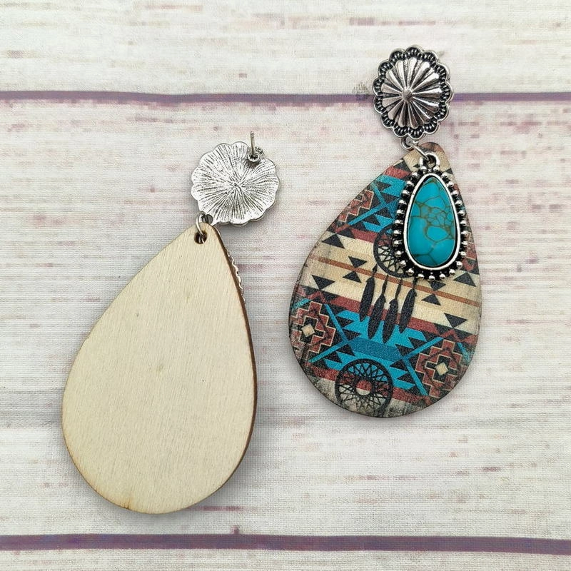 Wholesale Ethnic Turquoise Western Style Aztec Leather Drop Earrings