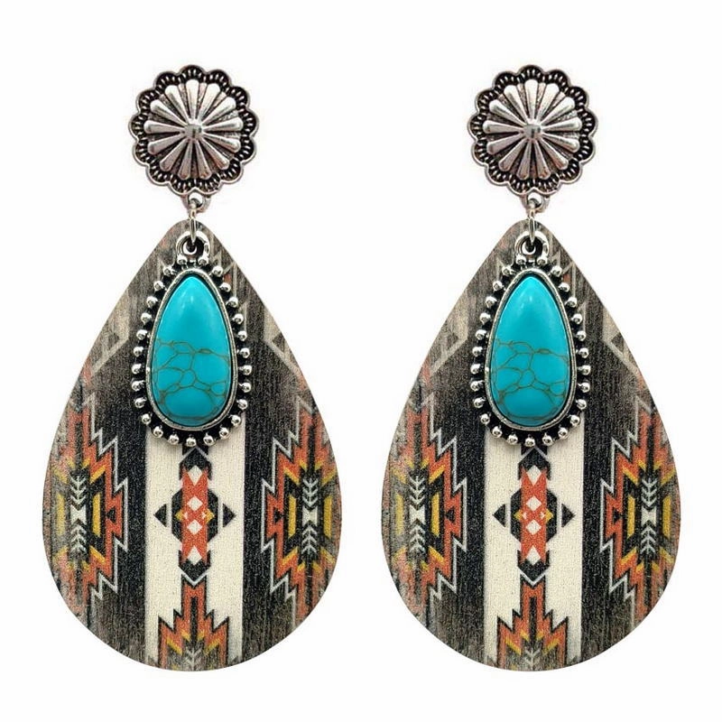 Wholesale Ethnic Turquoise Western Style Aztec Leather Drop Earrings
