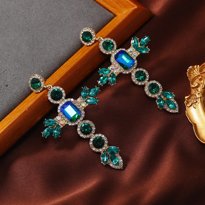 Wholesale Exaggerated Bohemian Colored Diamond Cross Earrings