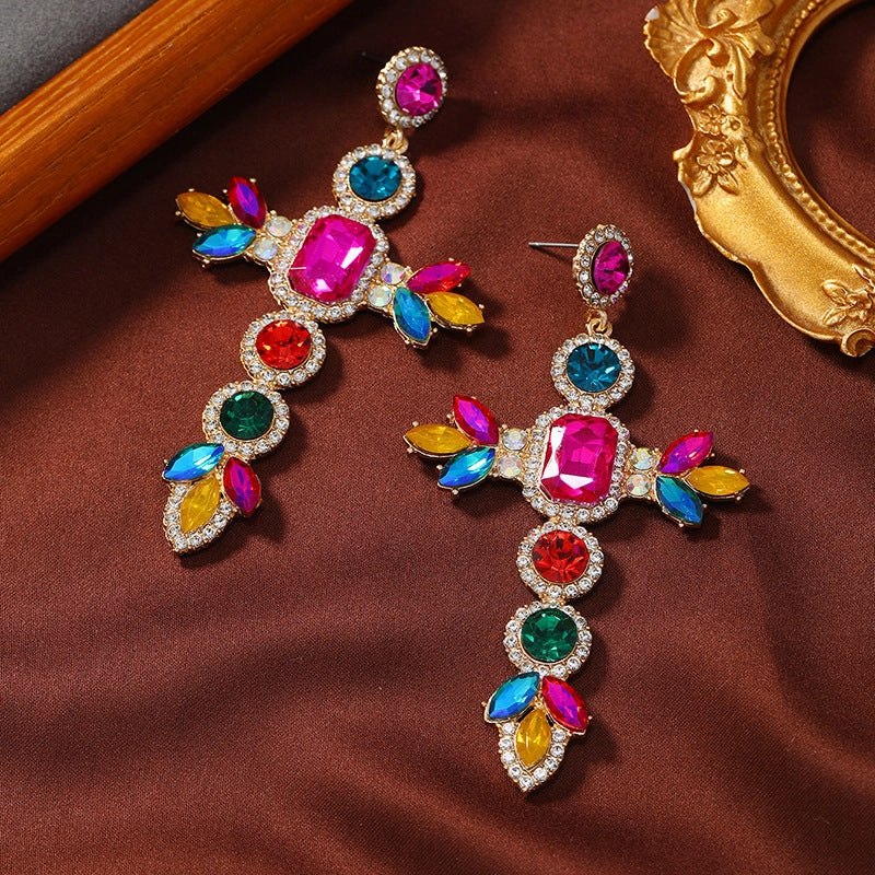 Wholesale Exaggerated Bohemian Colored Diamond Cross Earrings