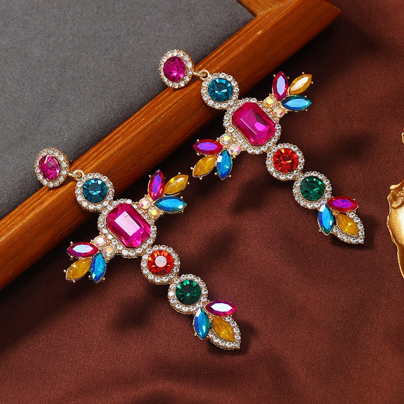 Wholesale Exaggerated Bohemian Colored Diamond Cross Earrings