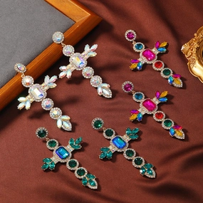 Wholesale Exaggerated Bohemian Colored Diamond Cross Earrings