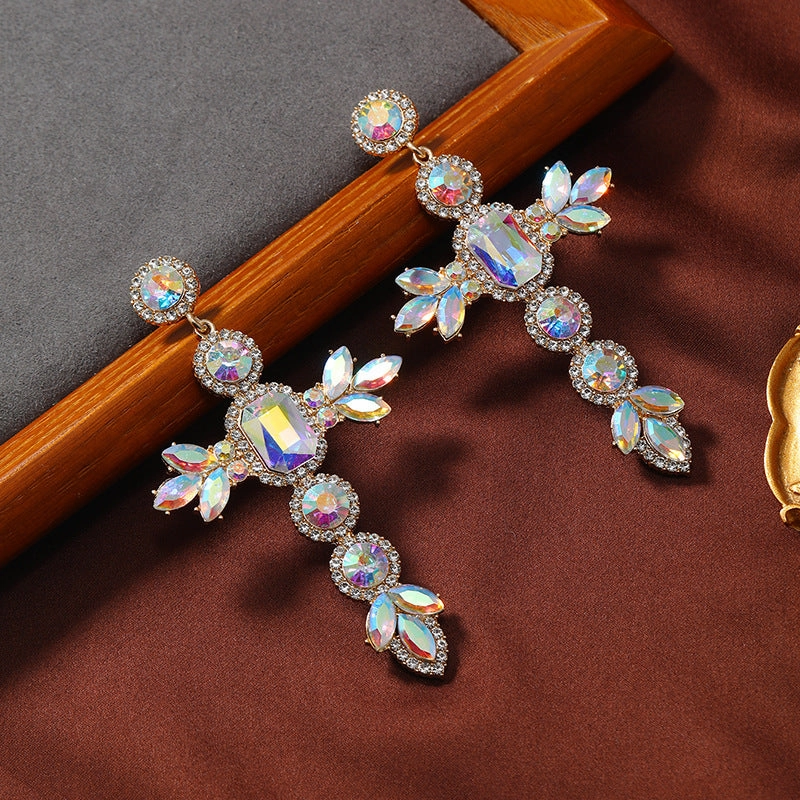 Wholesale Exaggerated Bohemian Colored Diamond Cross Earrings
