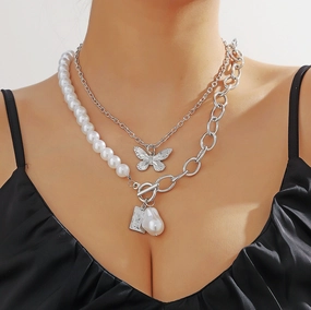 Wholesale Exaggerated Butterfly Double Pearl Alloy Necklace