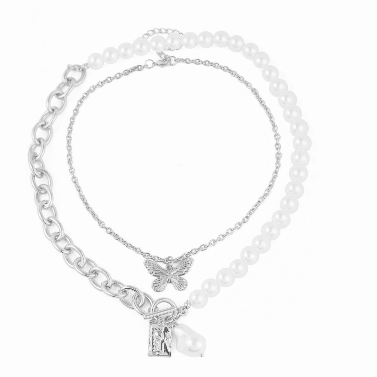 Wholesale Exaggerated Butterfly Double Pearl Alloy Necklace