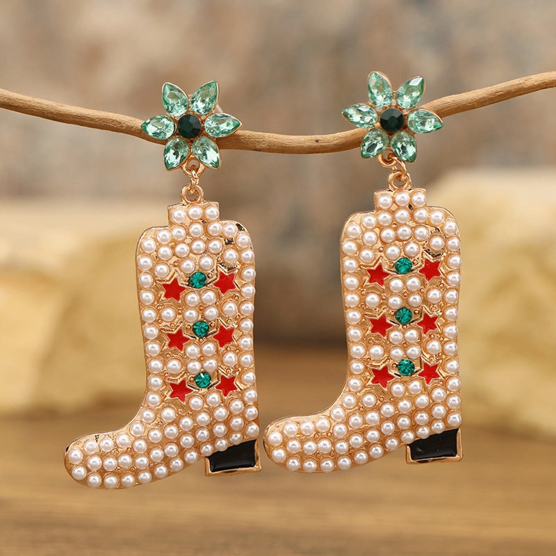 Wholesale Exaggerated Colored Diamond Boots, Alloy Drop Oil Inlaid Pearl Earrings