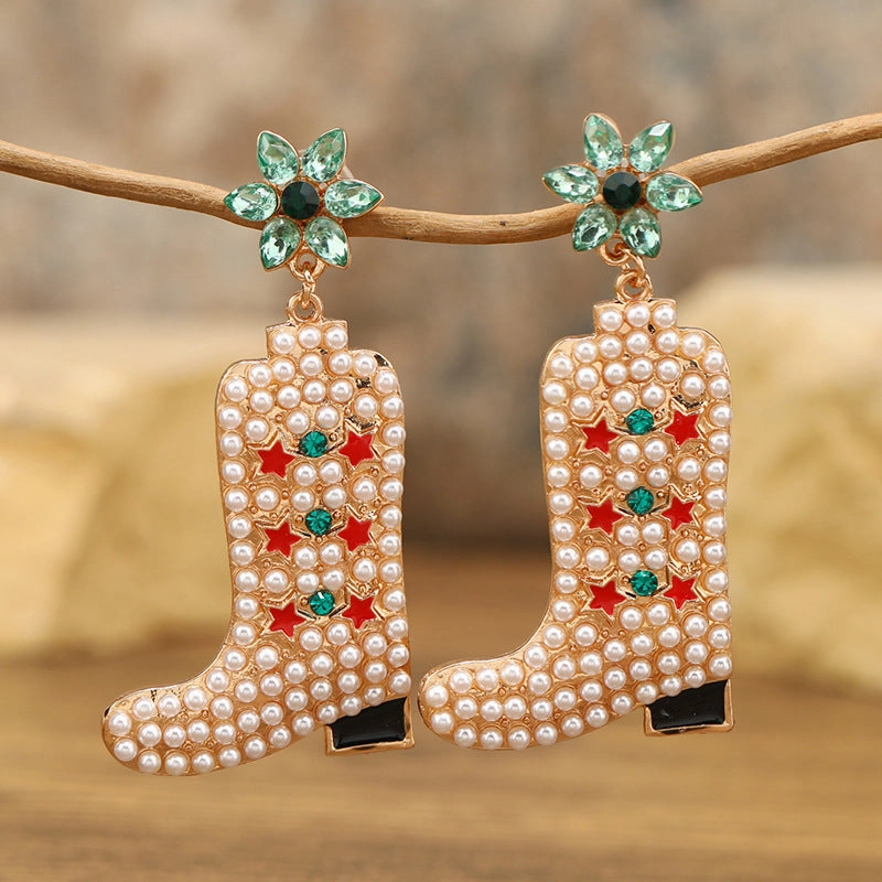 Wholesale Exaggerated Colored Diamond Boots, Alloy Drop Oil Inlaid Pearl Earrings