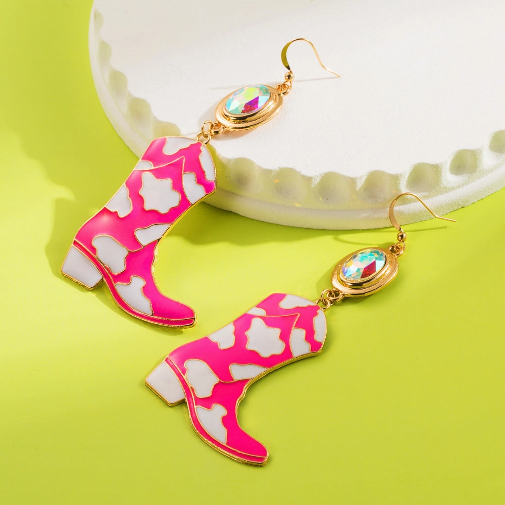 Wholesale Exaggerated earrings cowboy boots oil drip diamond multi-layer earrings