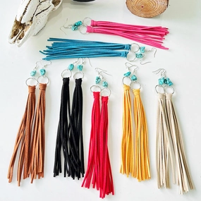 Wholesale Exaggerated Leather Tassel Turquoise Multi-color Earrings 2 in A Pack