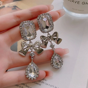Wholesale exaggerated long tassel full diamond bow square earrings