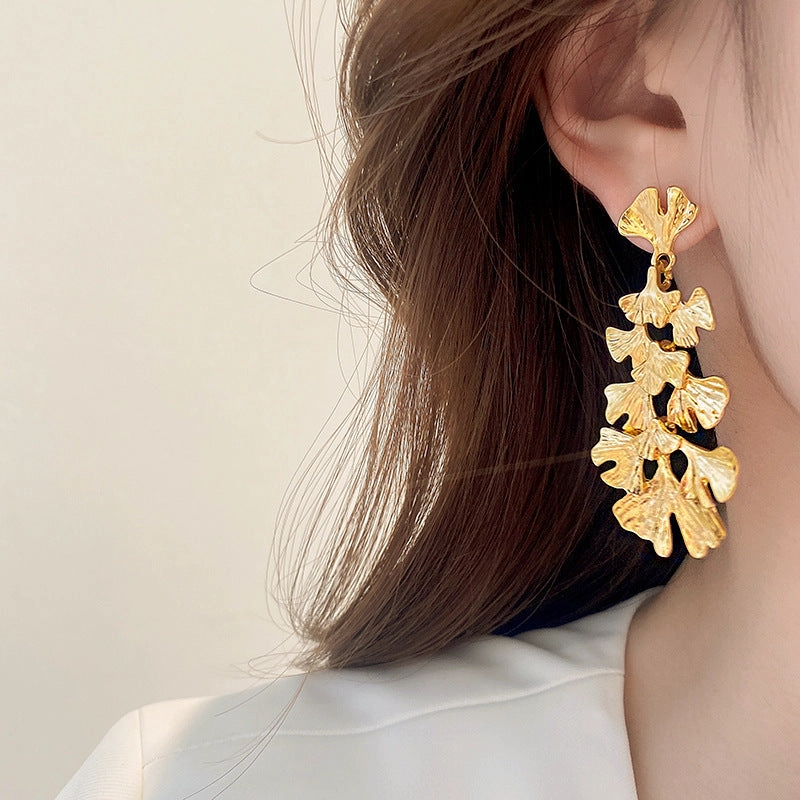 Wholesale Exaggerated Metal Ginkgo Leaf Earrings