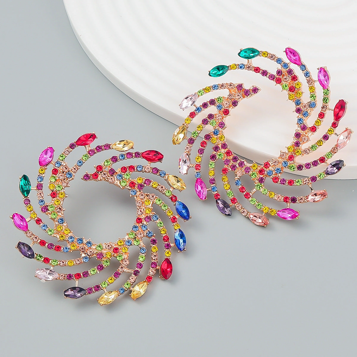 Wholesale Exaggerated Spiral Alloy Diamond Sunflower Earrings