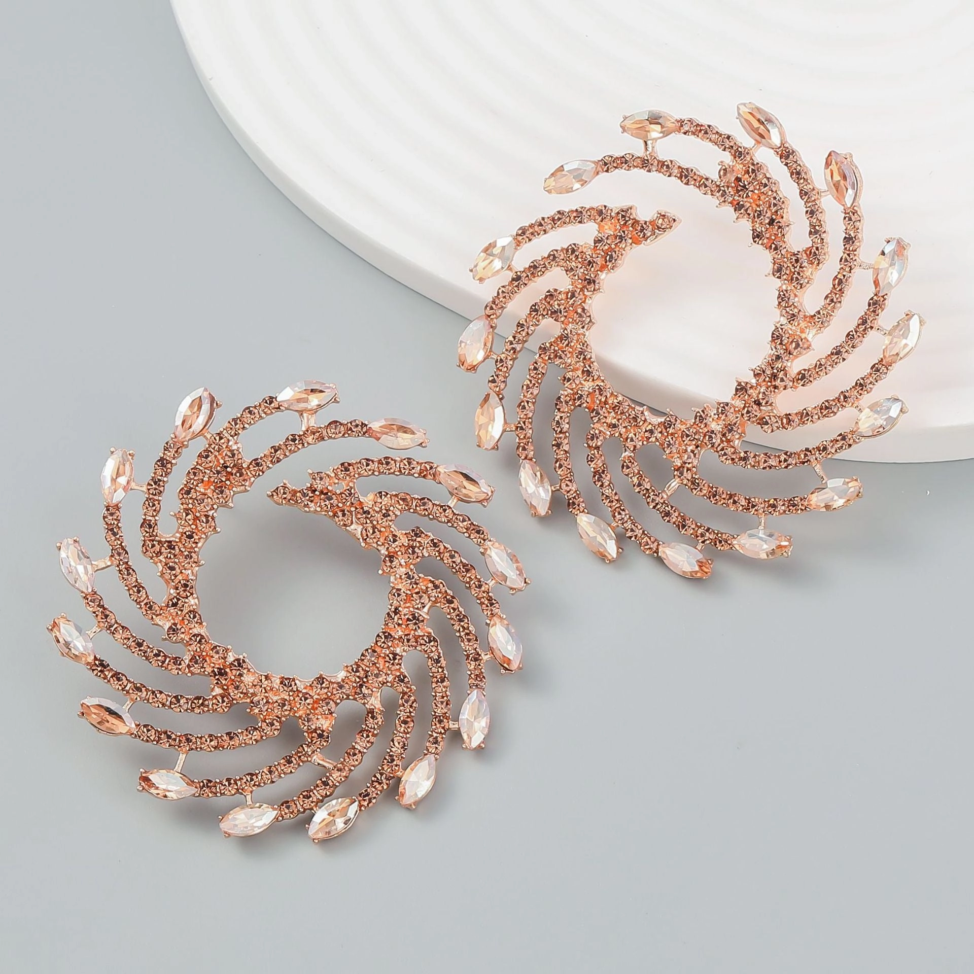 Wholesale Exaggerated Spiral Alloy Diamond Sunflower Earrings