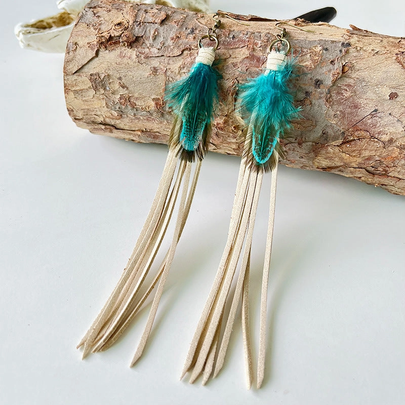 Wholesale Exaggerated Tassel Bohemian Western Style Retro Cortex Earrings Multicolor 2 in a pack