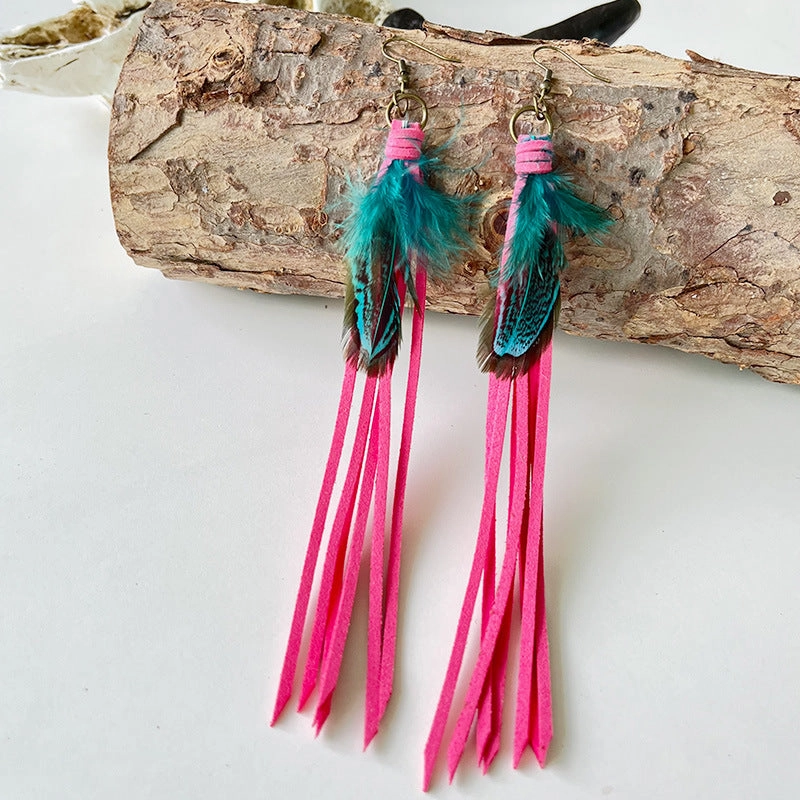 Wholesale Exaggerated Tassel Bohemian Western Style Retro Cortex Earrings Multicolor 2 in a pack