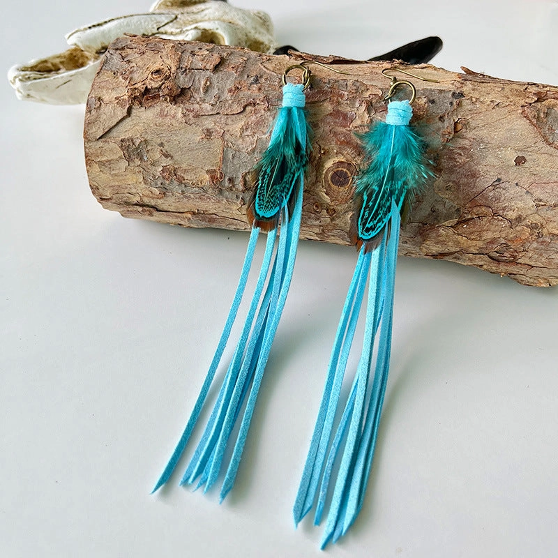 Wholesale Exaggerated Tassel Bohemian Western Style Retro Cortex Earrings Multicolor 2 in a pack