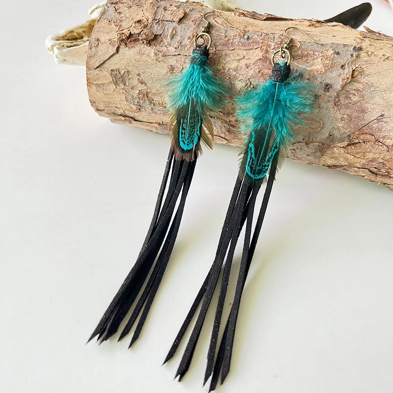 Wholesale Exaggerated Tassel Bohemian Western Style Retro Cortex Earrings Multicolor 2 in a pack