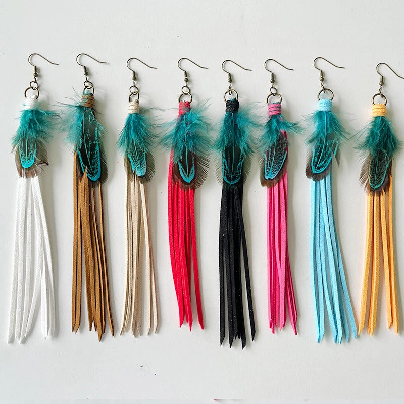 Wholesale Exaggerated Tassel Bohemian Western Style Retro Cortex Earrings Multicolor 2 in a pack
