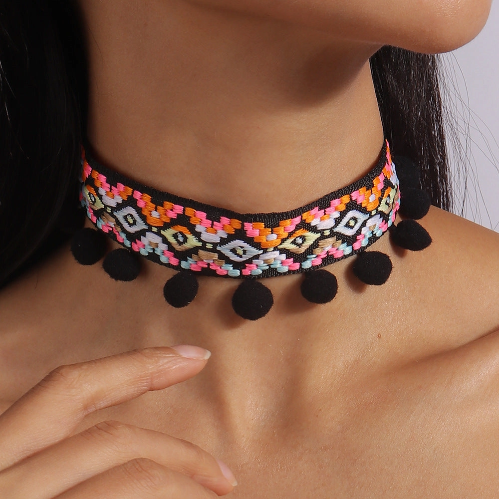 Wholesale Fabric Bohemian Tassel Pom Necklace